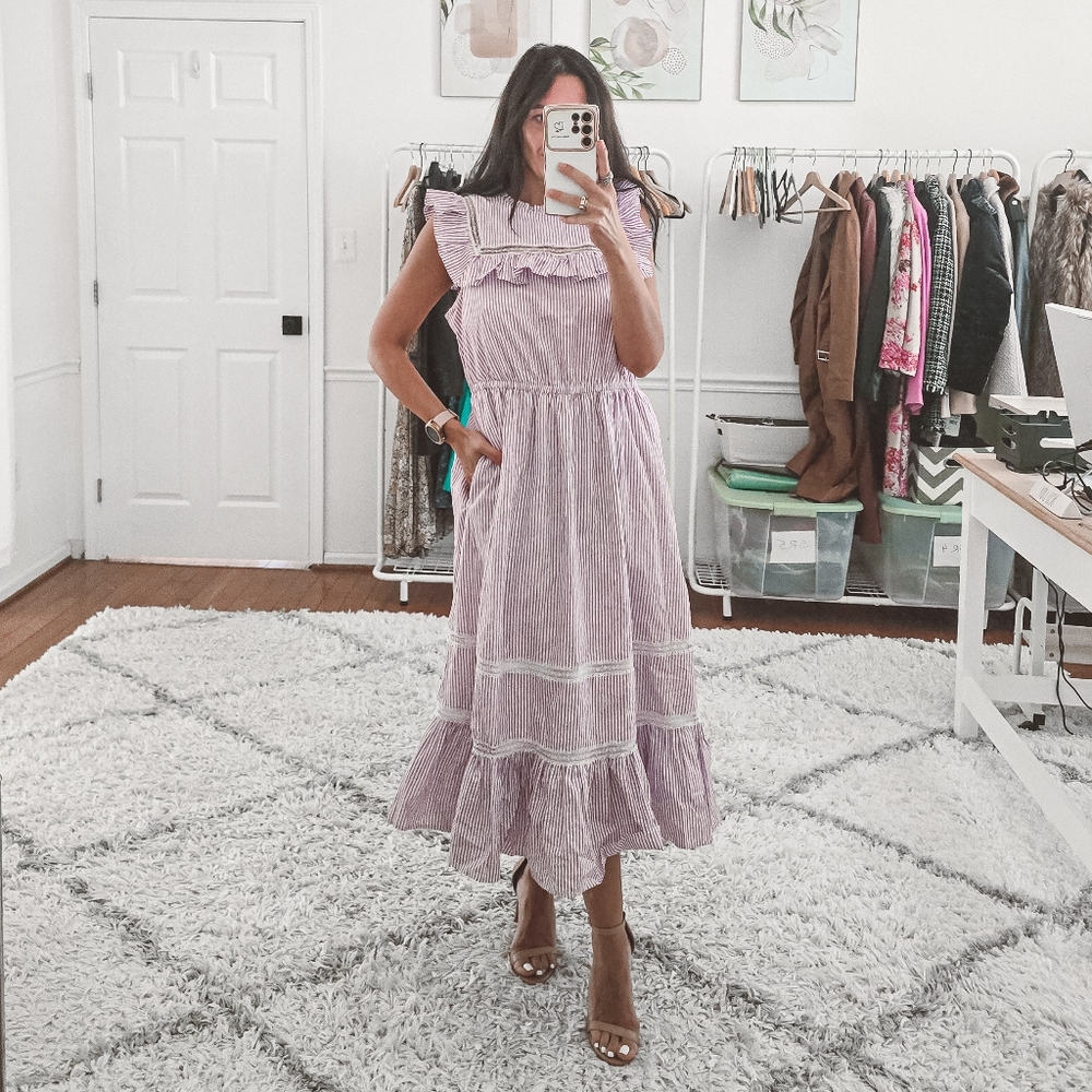 J.Crew Lavender Stripe Ruffle Tiered Midi Dress Size S - Picture 2 of 12